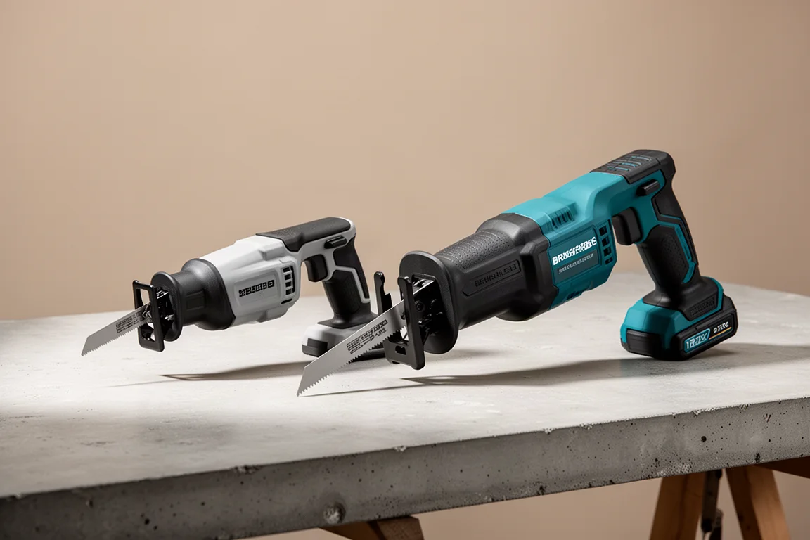 A compact budget reciprocating saw and a larger brushless reciprocating saw side by side on a workbench