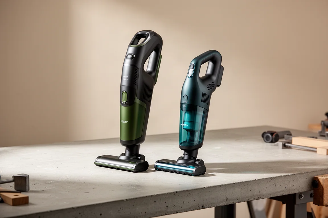 Two compact cordless hand vacuums side by side on a concrete bench