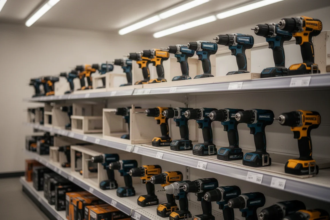 Reparto utensili elettrici quasi vuoto con scaffali poco forniti