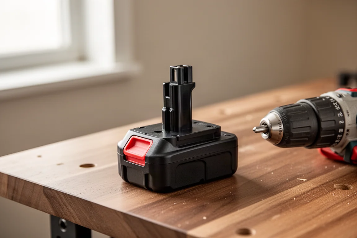 Batteria di un trapano a batteria appoggiata su una banca da lavoro