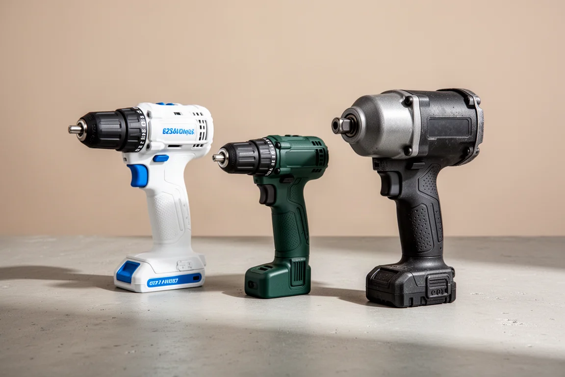 Three cordless power tools lined up on a matte concrete surface