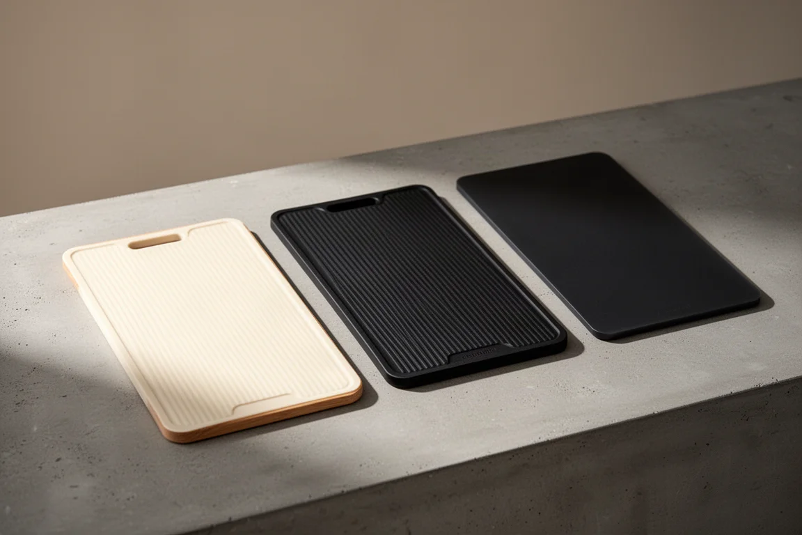Three cutting boards, two textured and one smooth, arranged on a concrete counter