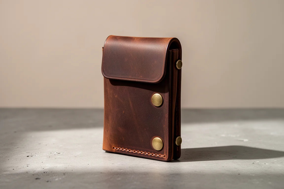 Schlankes tabakbraunes Leder-Wallet mit Tuck-Verschluss und Messingnieten auf Beton