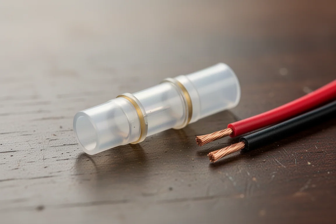 Heat shrink connector with solder ring visible inside next to stripped wires