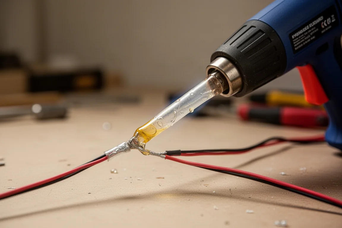 Heat gun shrinking a connector onto joined wires on a workbench