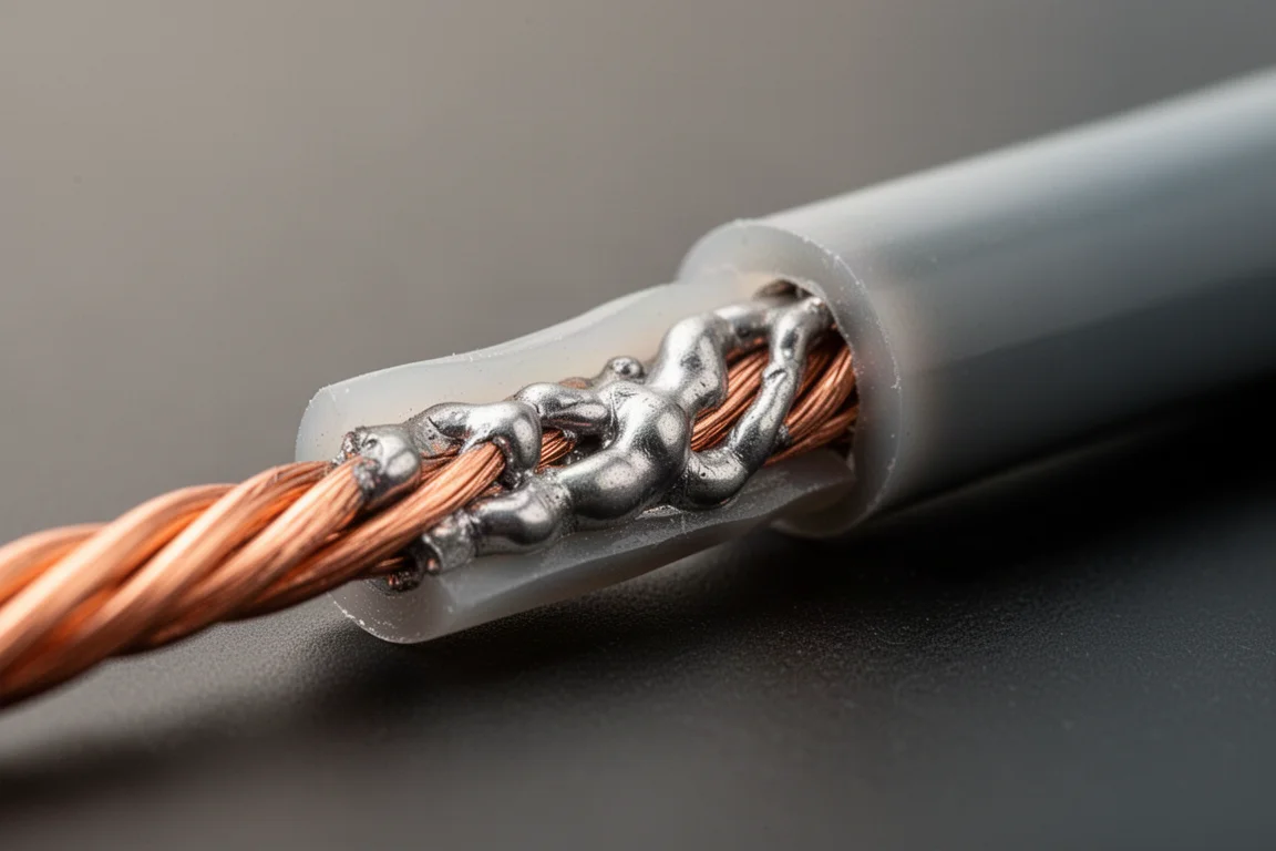 Cut-open connector revealing a solid solder joint around copper strands
