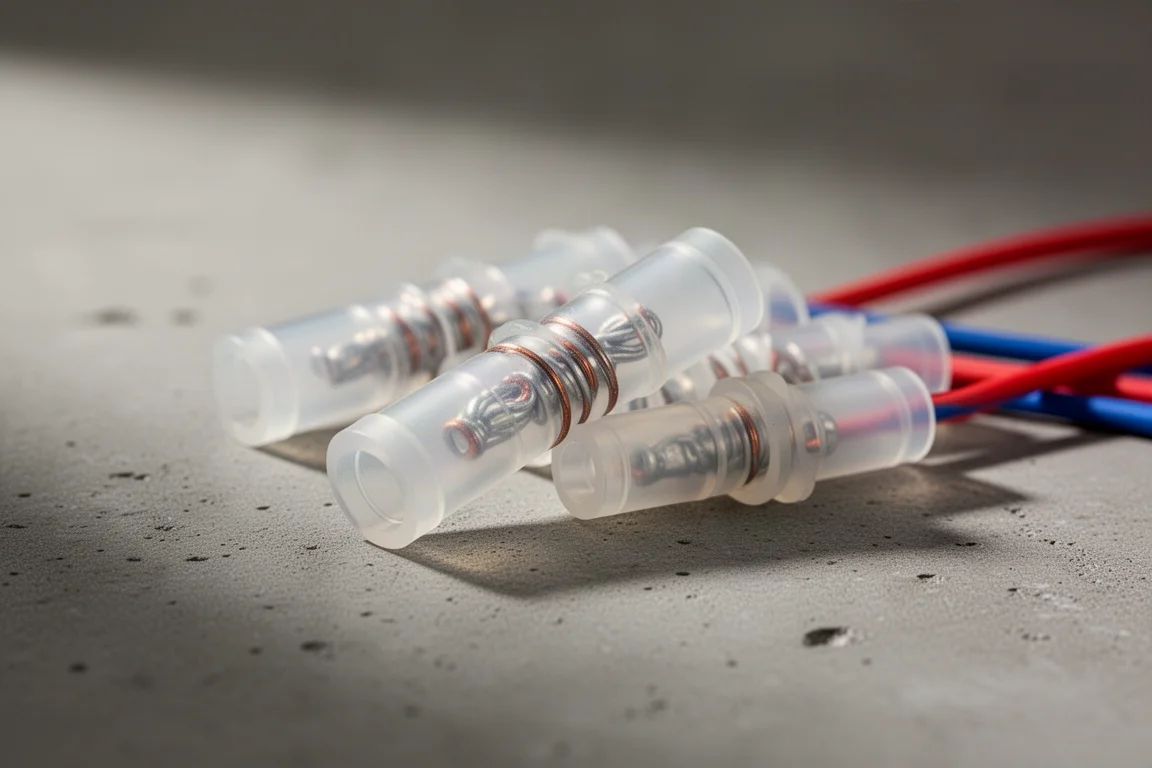 Translucent solder seal wire connectors with visible solder rings on concrete