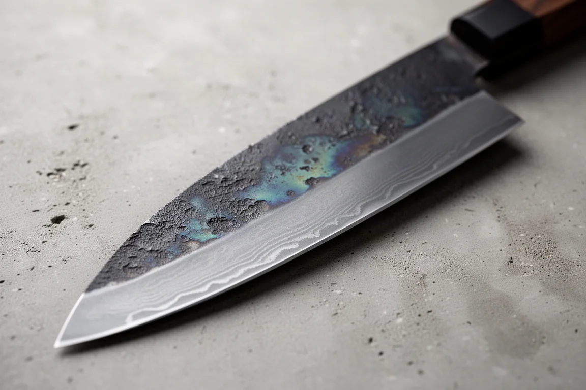 Närbild på ett mörkt knivblad med kurouchi-yta, damastfas och framtvungen patina