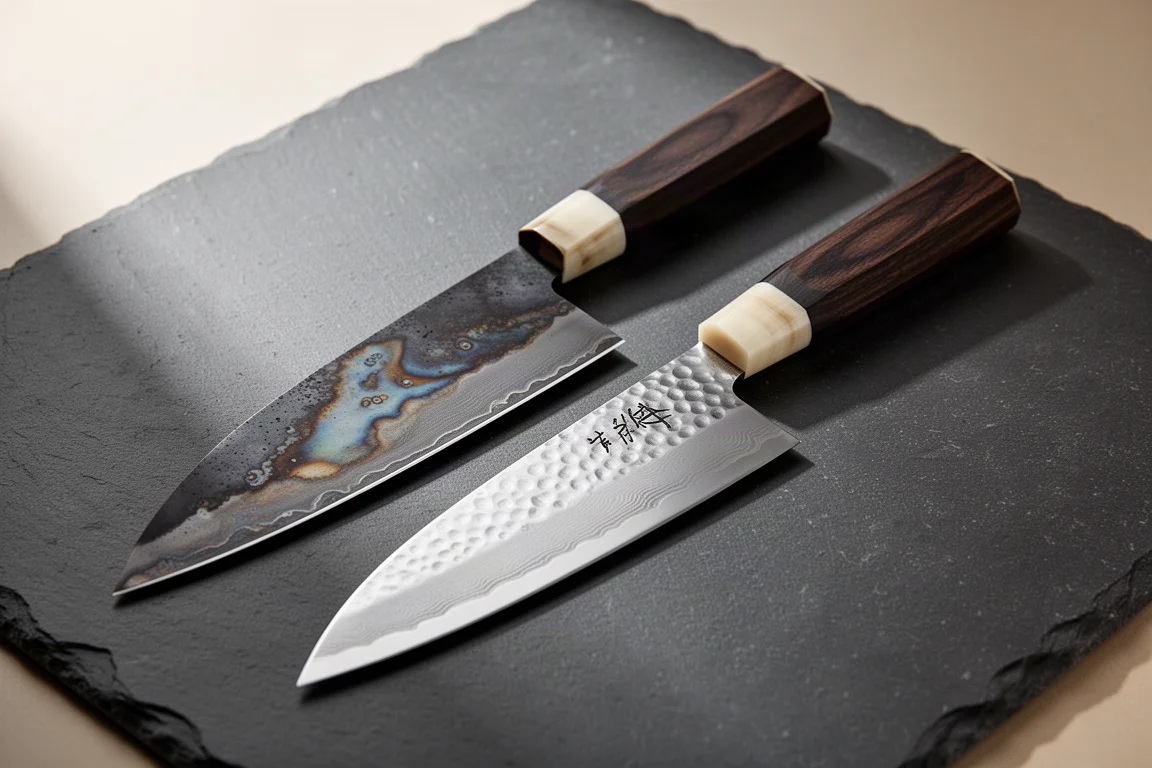 Two Japanese chef knives with dark wenge handles on a slate surface