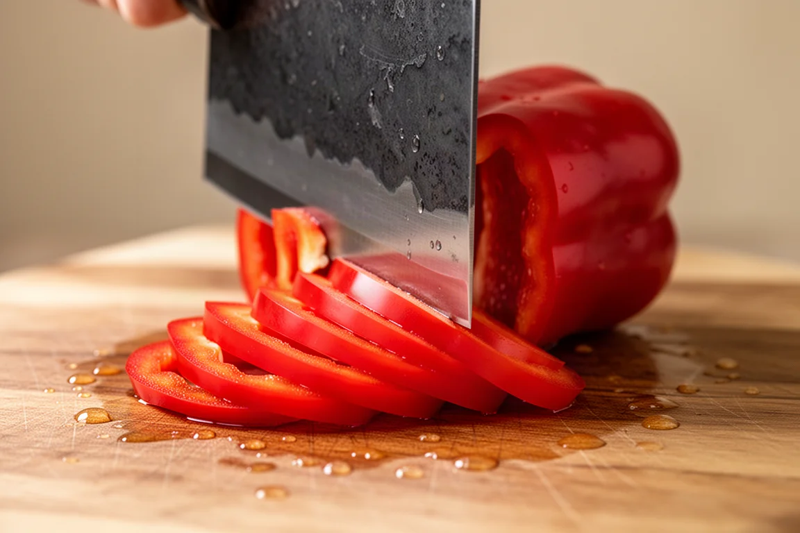 Tall rectangular cleaver blade slicing cleanly through a bell pepper