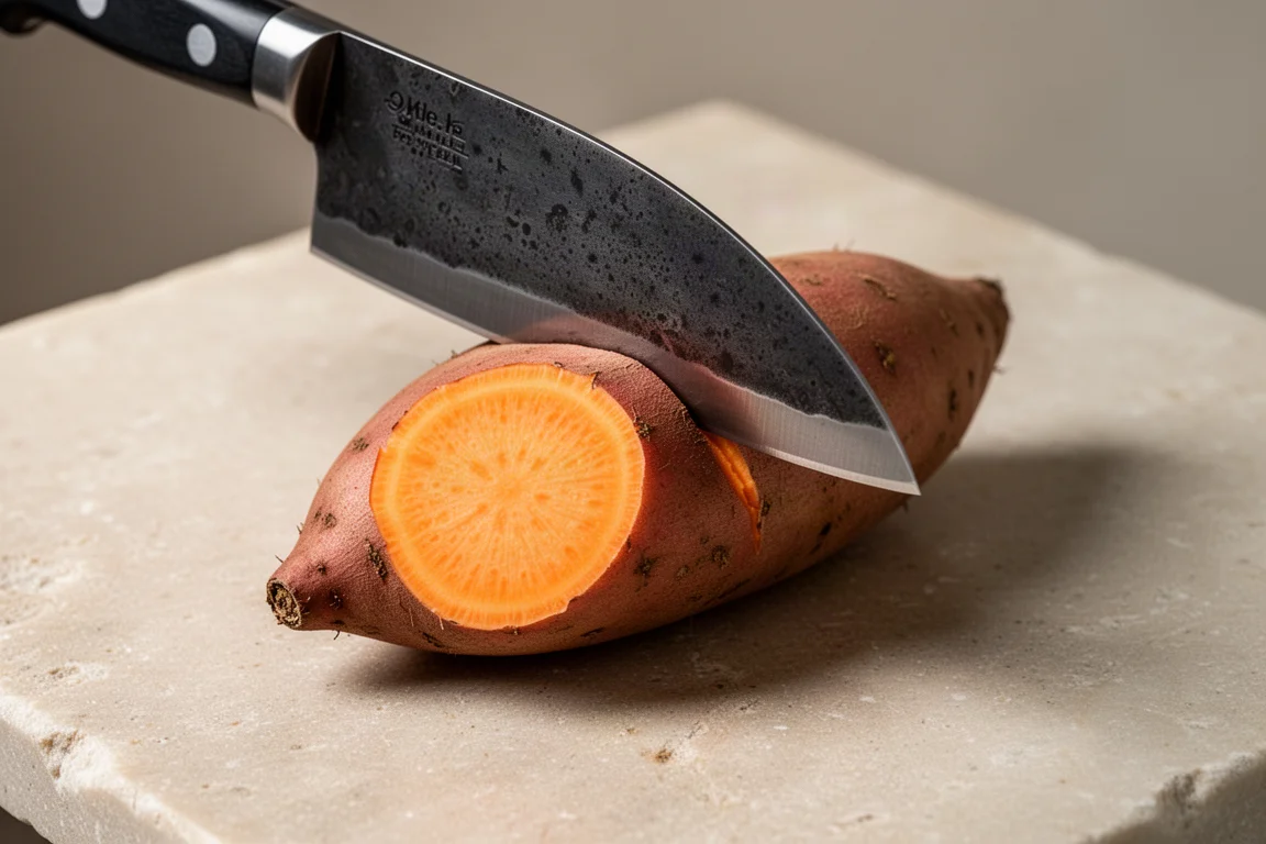 Cleaver blade cutting through a sweet potato showing clean edge geometry