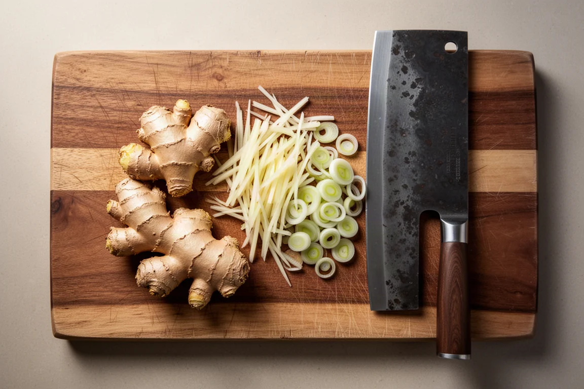 Fine julienned ginger and scallions arranged on a cutting board