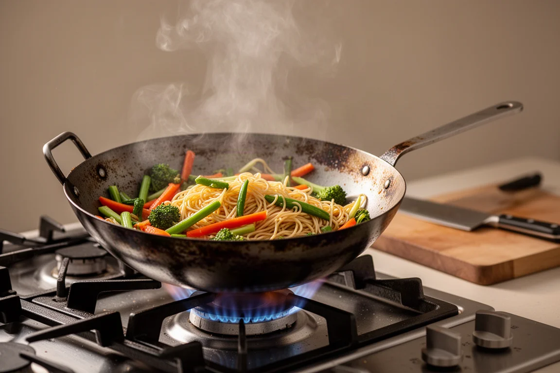 Home cook stir-frying vegetables in a hot wok on a stovetop