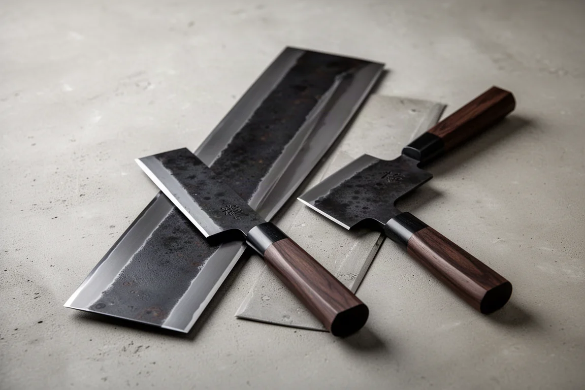 Two Hatsukokoro Santan cleavers side by side on a concrete surface