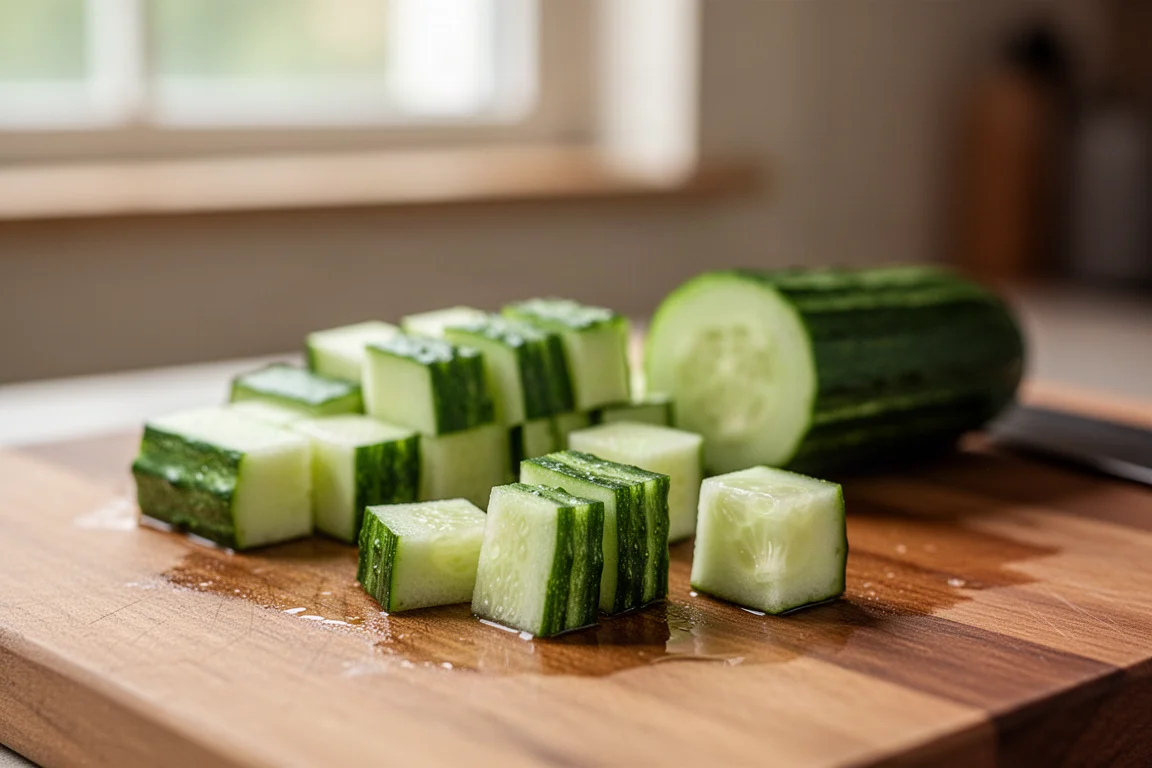 Concombre frais coupé en dés réguliers sur une planche à découper en bois