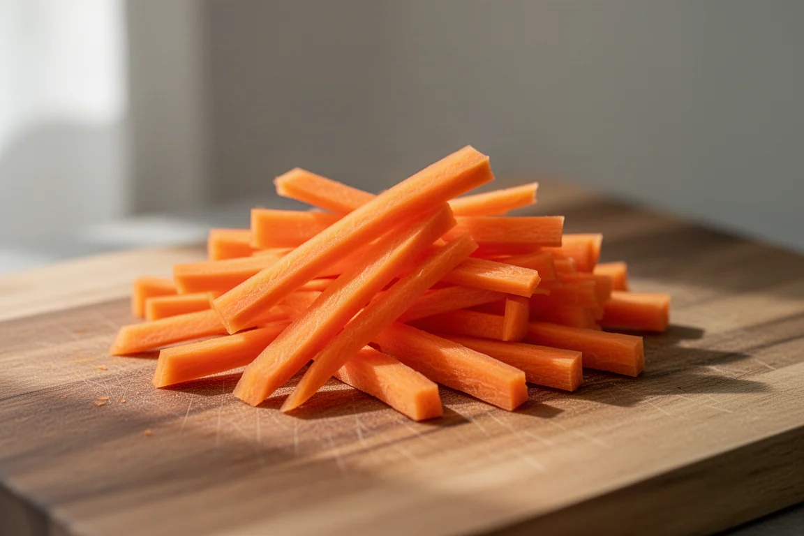 Fines julienne de carotte disposées sur une planche à découper
