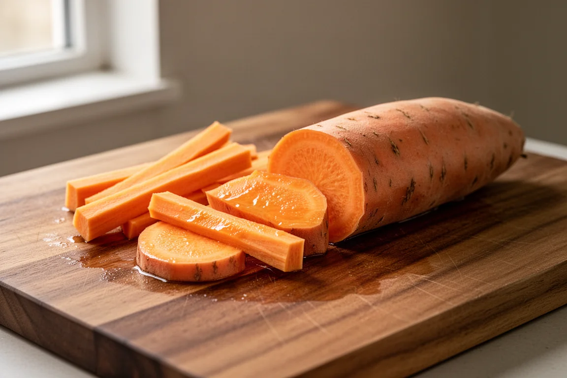 Bâtonnets épais de patate douce sur une planche à découper
