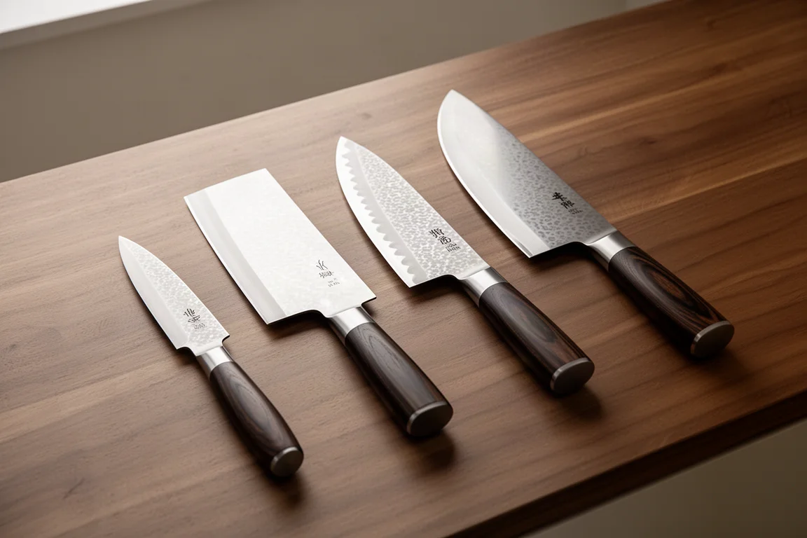 Four Japanese kitchen knives with dark ebony handles arranged in a row on a wooden counter