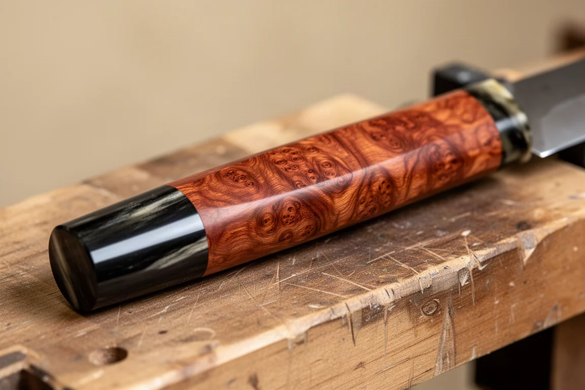 Primer plano del mango de madera de membrillo veteada con ferrule de cuerno de búfalo