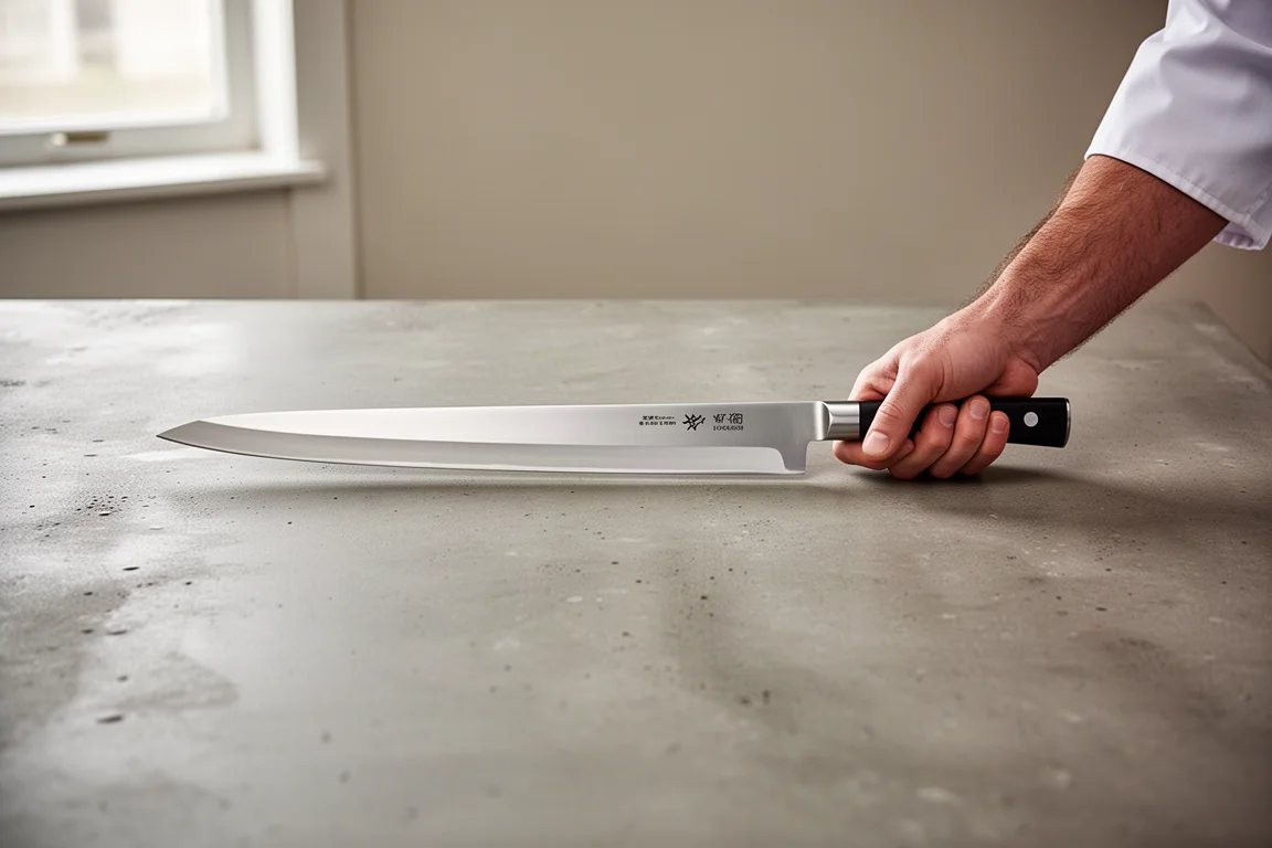 Cuchillo sujihiki muy largo apoyado junto al antebrazo de un chef para mostrar su escala