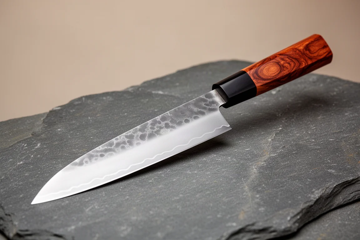Long Japanese sujihiki knife with kasumi finish and quince wood handle on grey stone surface