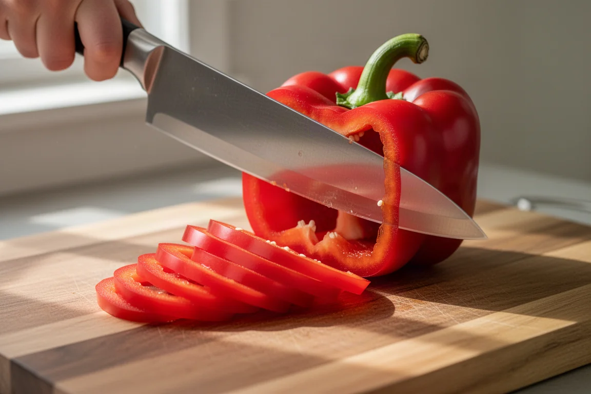 Gyuto-Messer schneidet eine frische Paprika auf einem hölzernen Schneidebrett