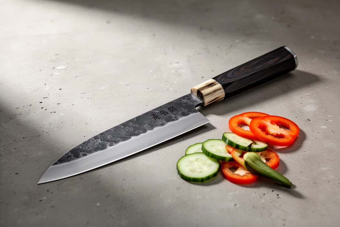 Hatsukoro Kurakaz Gyuto-Messer mit Kurouchi-Klinge und achteckigem Griff auf Beton
