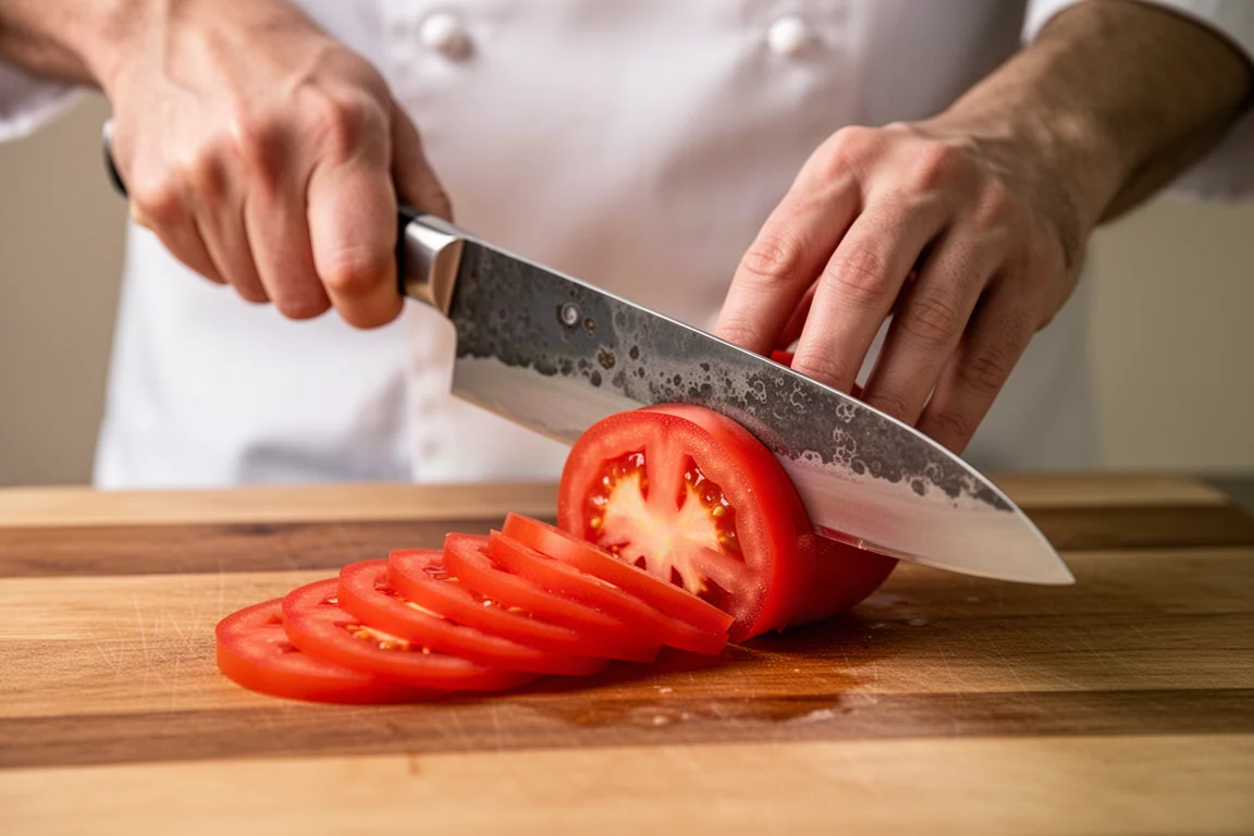 Chef slicing a ripe tomato into thin even slices on a wooden cutting board