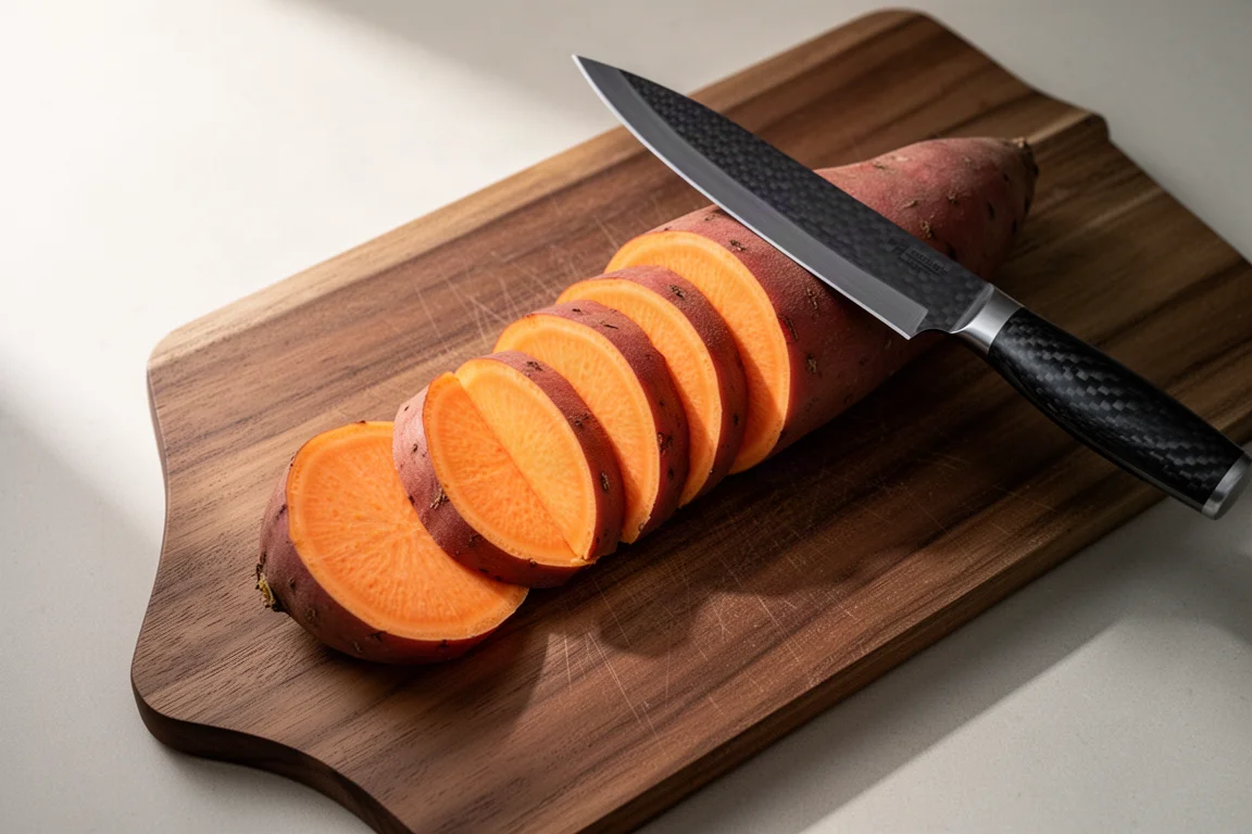 Thick slices of sweet potato lined up on a cutting board after a clean cut