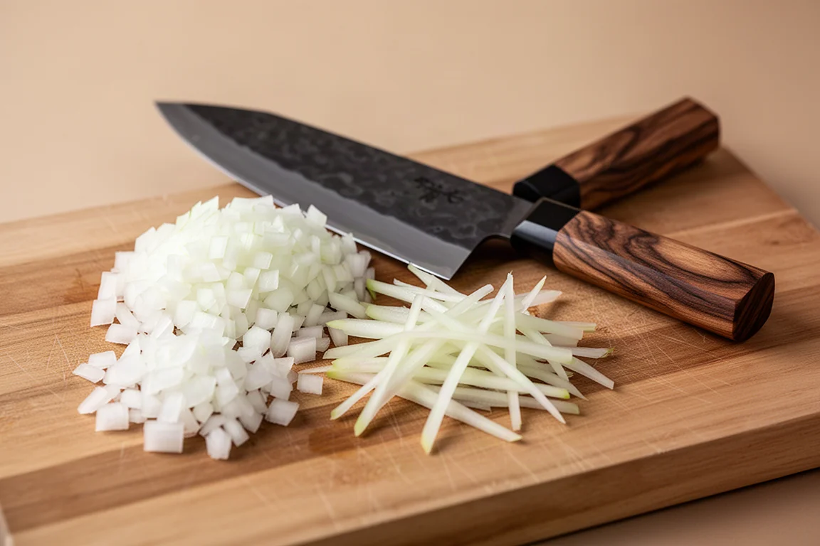 Freshly diced white onions on a cutting board with a knife resting nearby