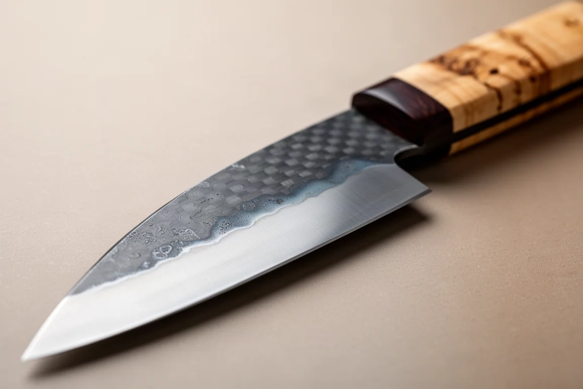 Carbon steel knife blade showing a developing patina along the edge