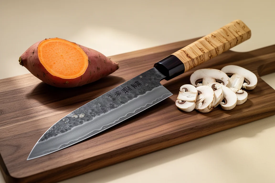 Japanese gyuto knife with dark carbon blade and birch handle on a walnut cutting board