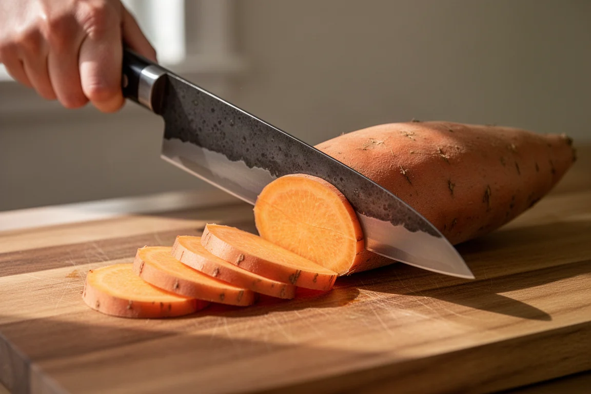 Nóż gyuto tnący batata cienkimi, równymi plasterkami