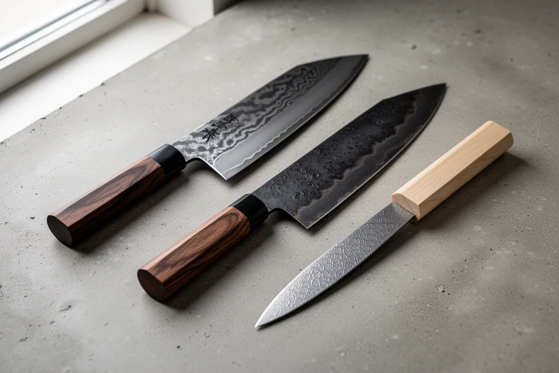 Three Japanese kitchen knives from the Hattori San lines arranged on a concrete surface