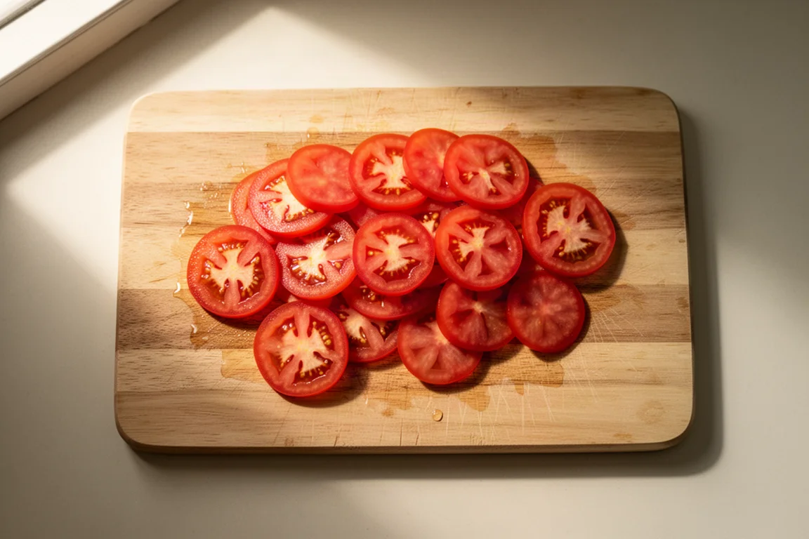 Dünn geschnittene Tomatenscheiben auf einem hölzernen Schneidebrett, daneben ein Küchenmesser