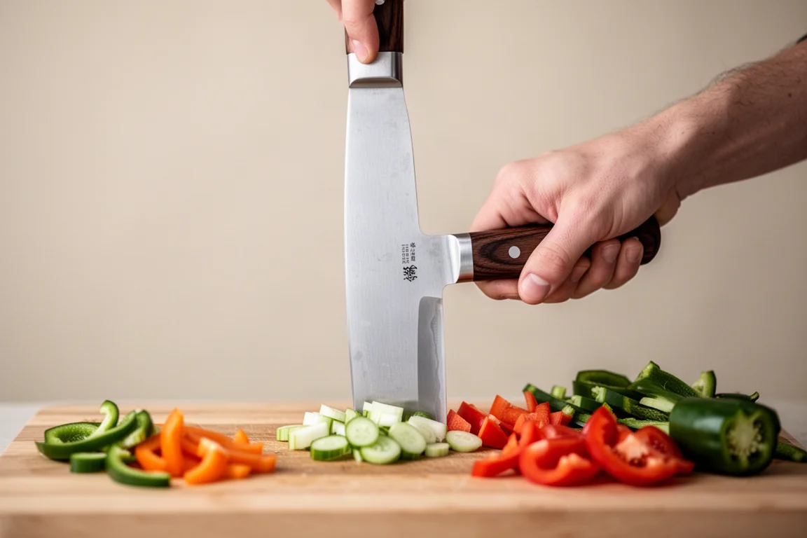 Eine Hand hält ein Bunka-Messer beim Zubereiten von Speisen über einem Schneidebrett