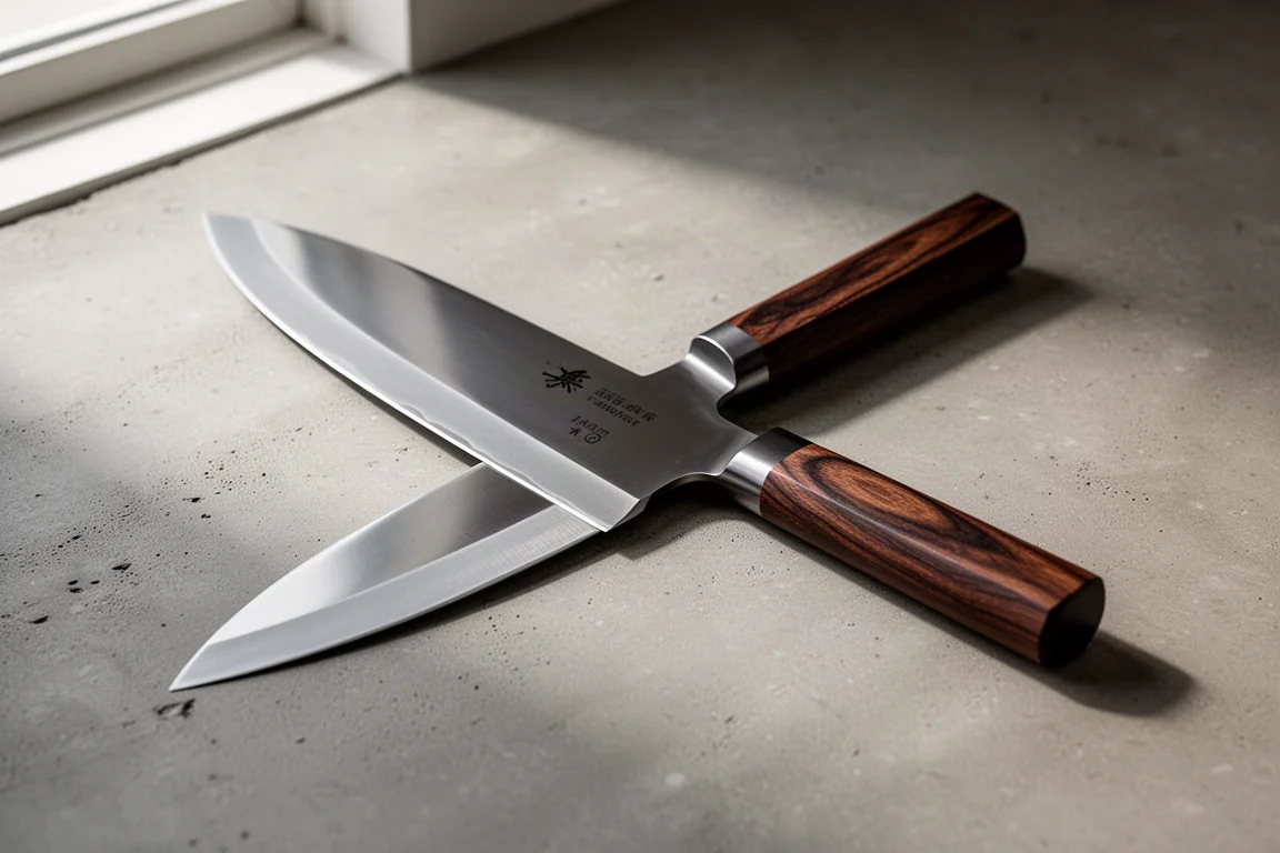 Japanese bunka kitchen knife with dark wood handle on a concrete surface