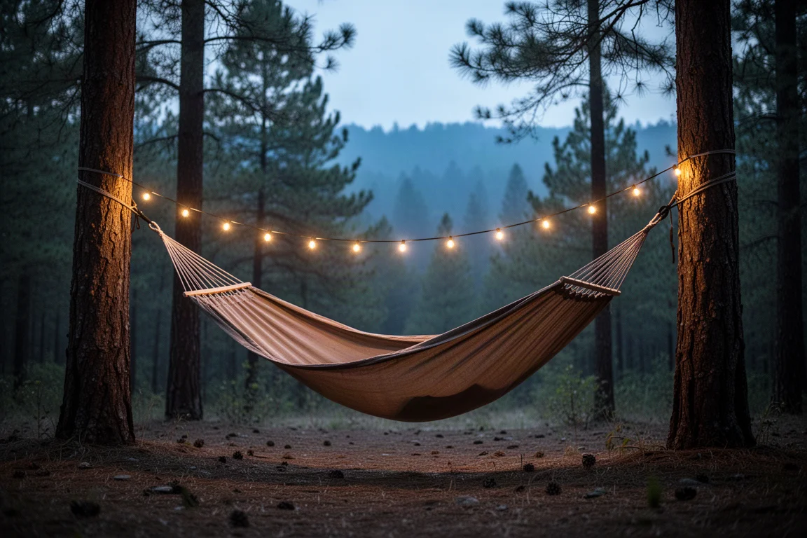 Gloeiende string light opgehangen in een hangmat bij schemer in een boscamping