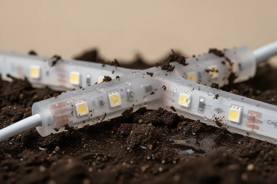 Met silicone beklede LED string light op natte modderige grond na regen