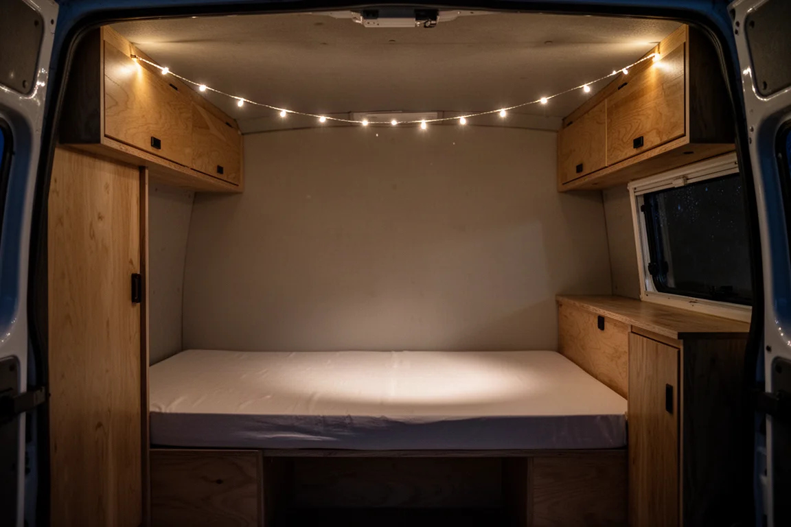 Plat bovenaanzicht van een kleine powerbank en opgerolde string light op beton