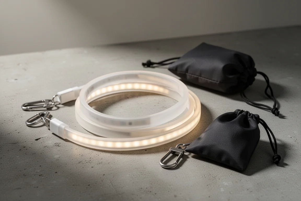 Striscia LED USB avvolta con guaina in silicone, moschettoni e custodia su cemento
