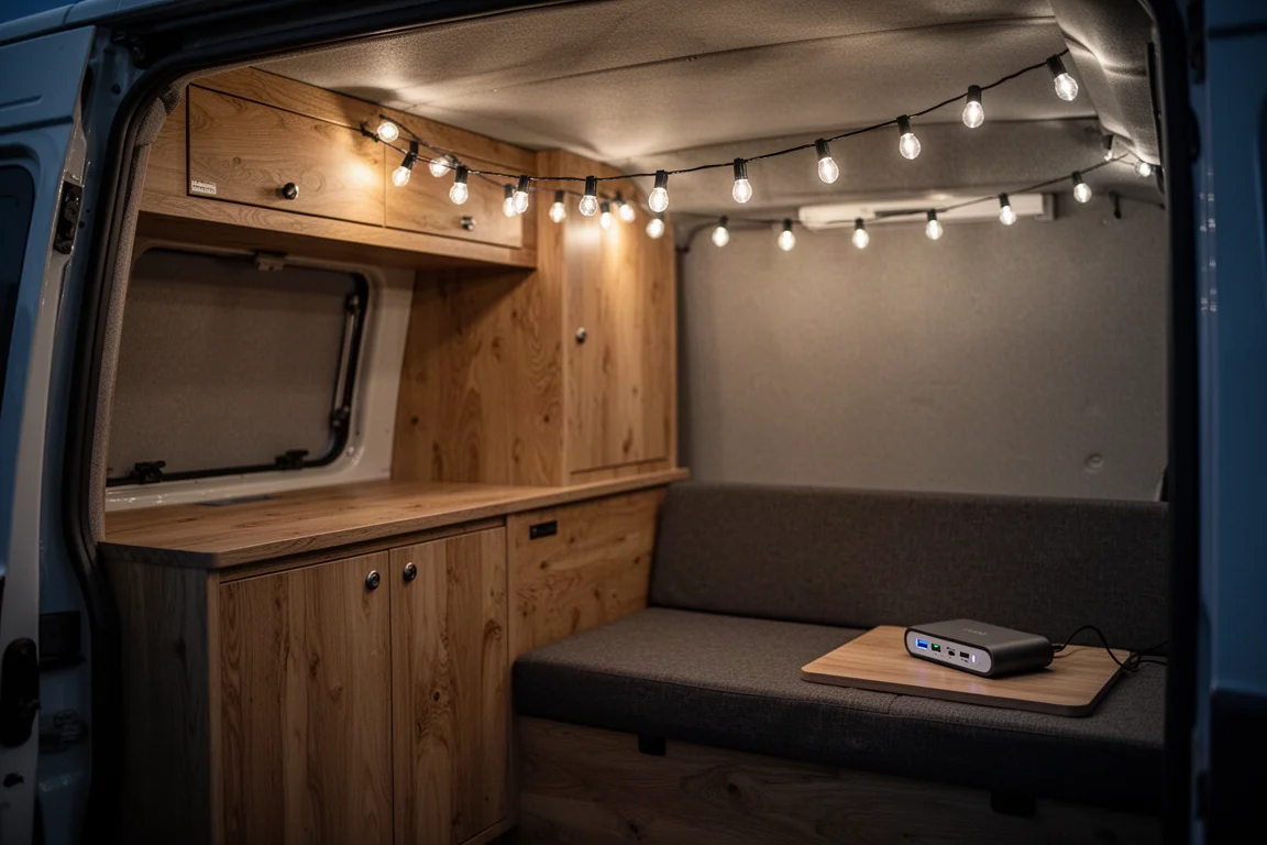 Interior de una furgoneta camper de noche iluminado por una luz de tira USB tendida en el techo