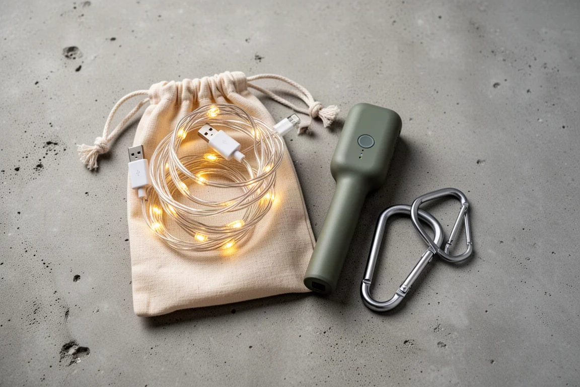 Vista cenital de una luz de tira USB enrollada, bolsa con cordón y batería externa sobre hormigón