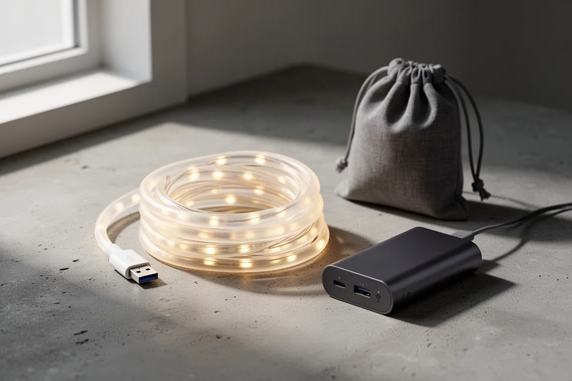 Luz de tira LED USB enrollada con funda de silicona, batería externa y bolsa de almacenamiento sobre hormigón