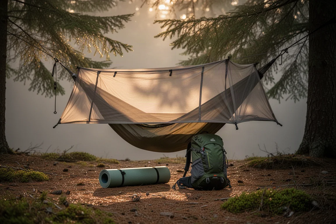 Translucent mesh hammock shelter suspended above a pine needle forest floor at golden hour