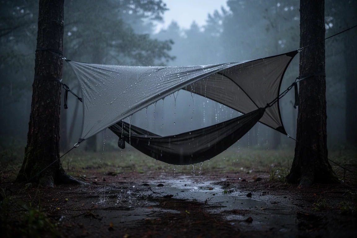 Hammock shelter with a taut arched rainfly pitched low in steady rain at dusk