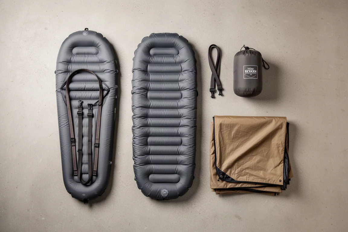 Overhead flat-lay of a tapered sleeping pad, coiled tree straps, stuff sack, and folded rainfly on concrete