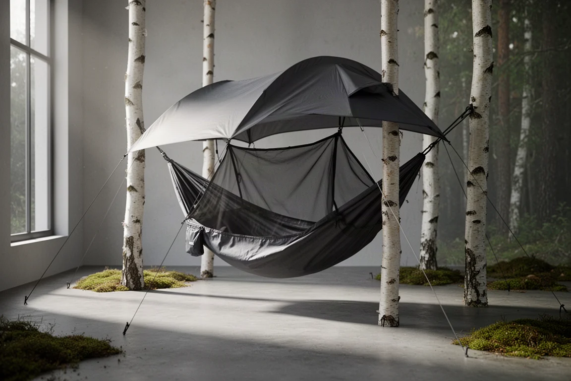 Lightweight mesh hammock tent with grey rainfly suspended between birch trunks at a forest edge