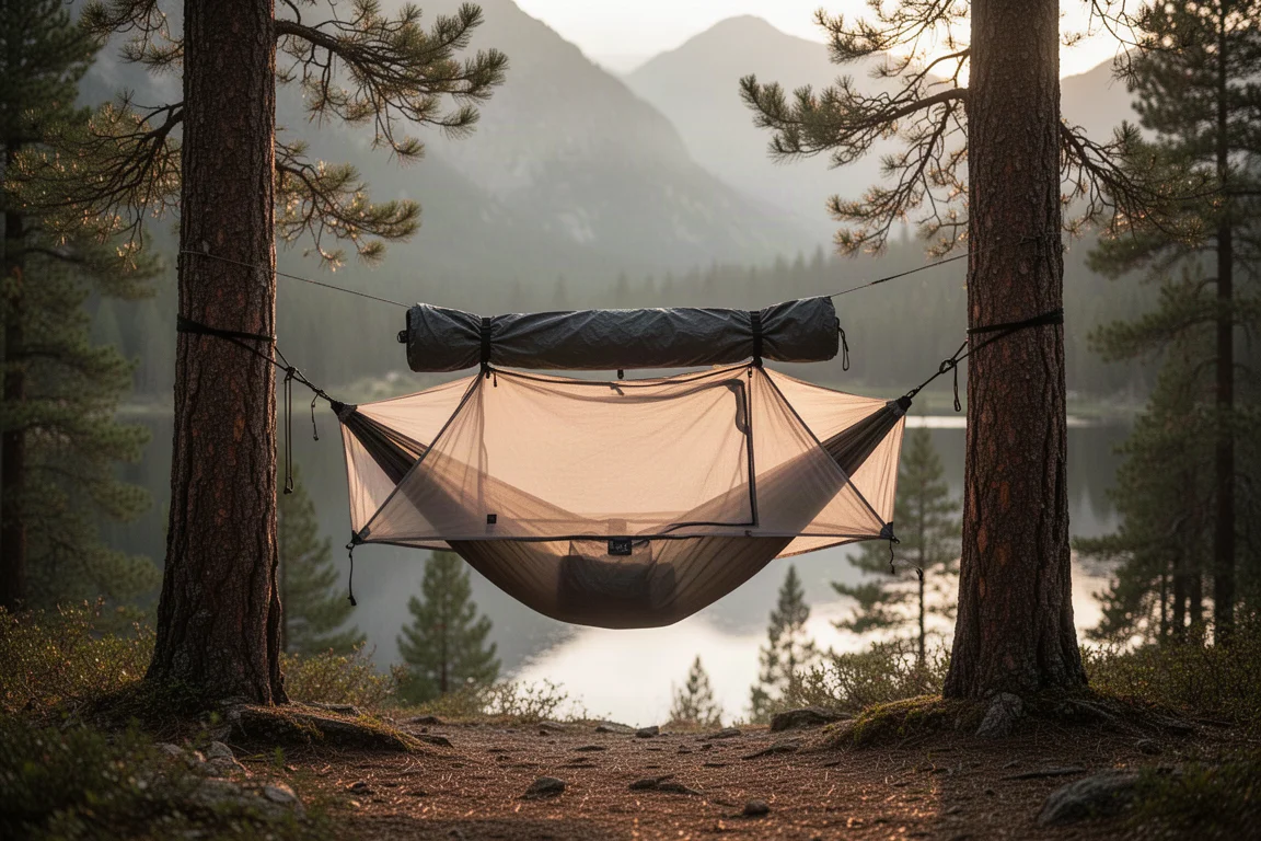 Hängemattenschlafzelt zwischen Nadelbäumen auf einem alpinen Campingplatz zur goldenen Stunde