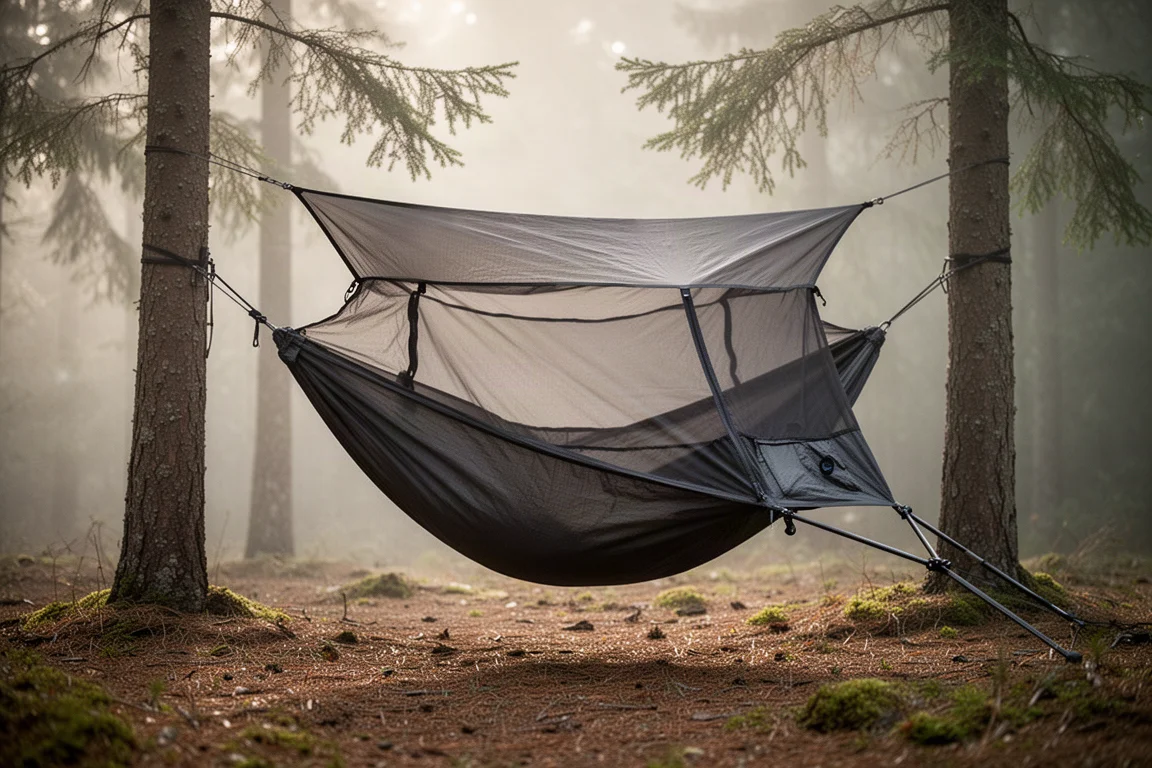 Hammock tent Haven Spectre con corpo in mesh traslucido sospesa tra due pali scuri